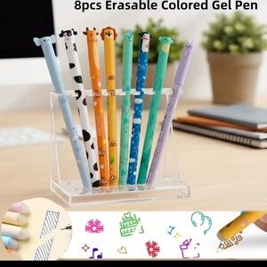Cute Animal Cap Erasable Gel Pens Set of 8 - Assorted Colors for Kids and Adults